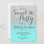 Modern faux silver glitter teal ombre Sweet 16 Invitation (Front)