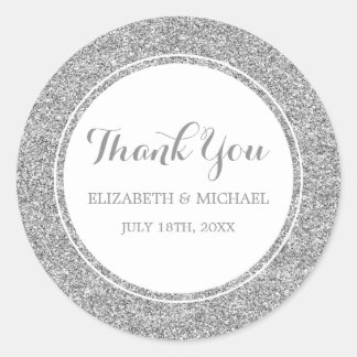 Modern Faux Silver Glitter Wedding Thank You Classic Round Sticker