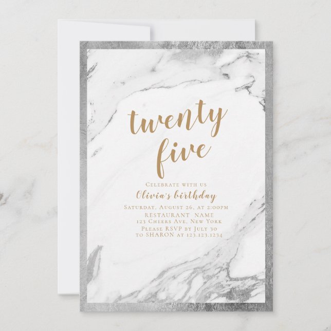Modern faux silver marble 21st birthday party invitation (Front)