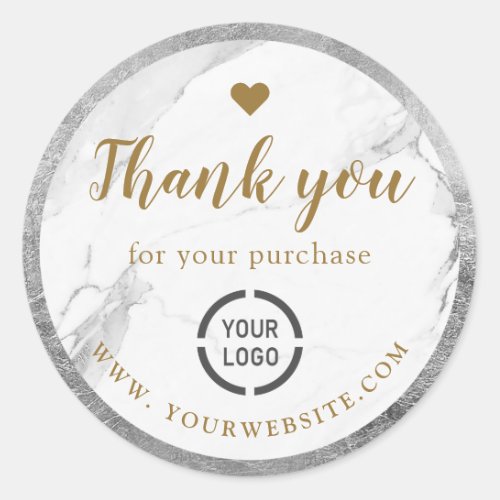Modern faux silver marble logo business thank you classic round sticker