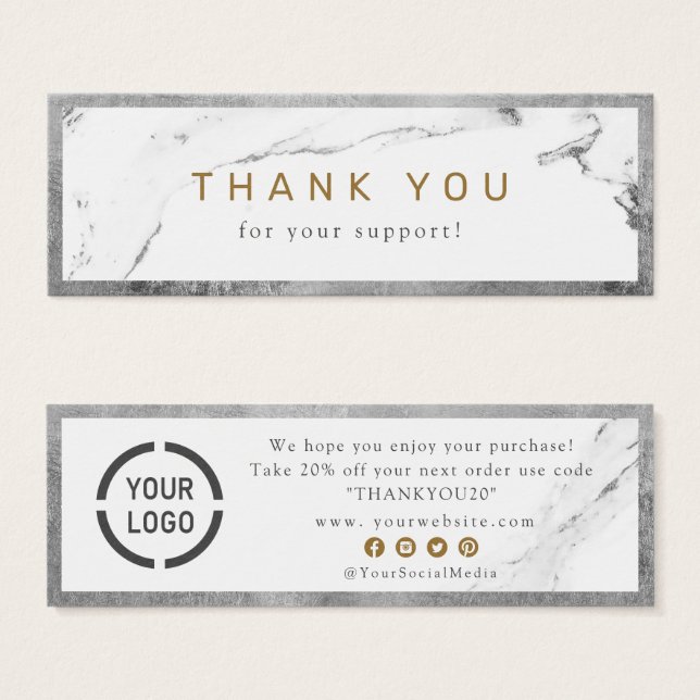 Modern faux silver marble luxe business thank you (Front & Back)