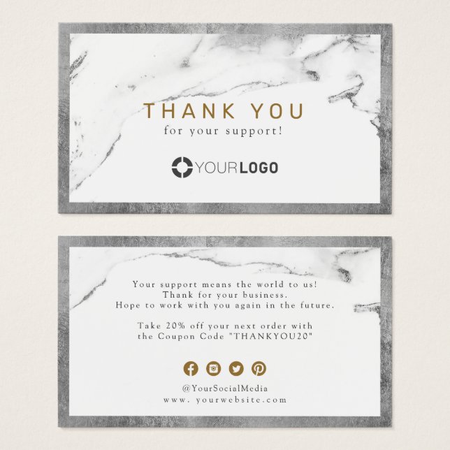 Modern faux silver marble luxe business thank you (Front & Back)
