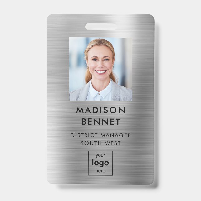 Modern Faux Silver Metallic Corporate Photo ID  Badge (Front)