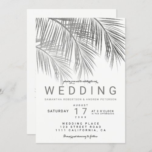 Modern faux silver palm tree elegant wedding invitation