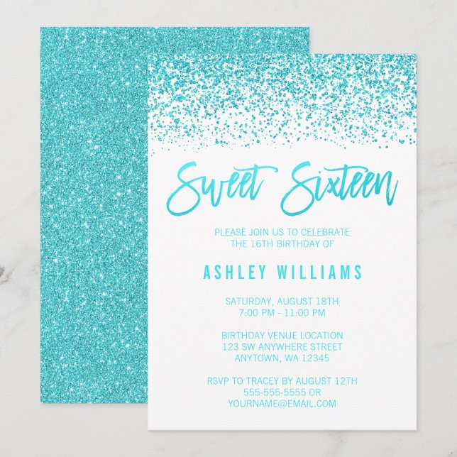 Modern Faux Teal Glitter Sweet 16 Birthday Invite (Front/Back)