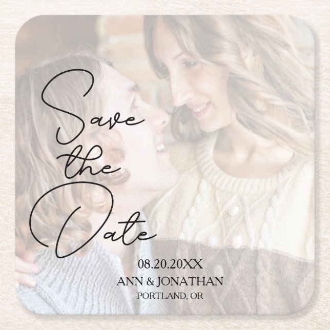 Modern Faux Vellum Photo Wedding Save the Date Square Paper Coaster (Front)