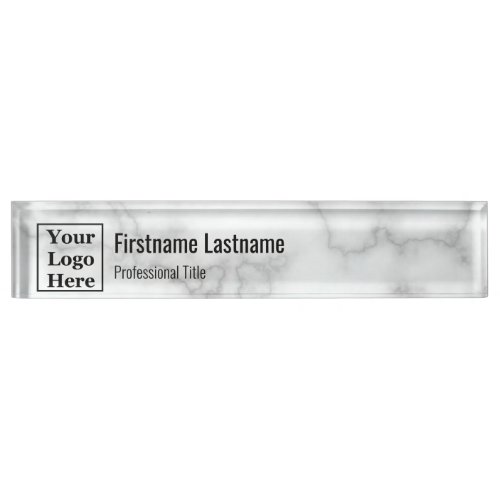 Modern Faux White Marble Your Logo Here Desk Name Plate