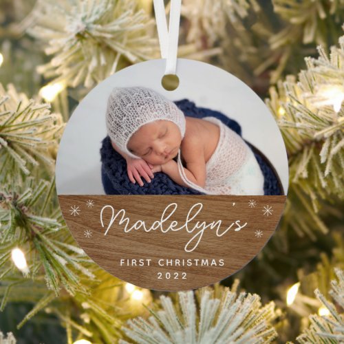 Modern Faux Wood Babys First Christmas Photo Metal Ornament