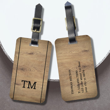 Modern Faux Wooden Black Lines Bold Monogram Luggage Tag by Weaselgift at Zazzle