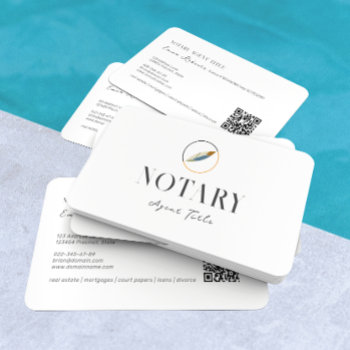 Modern Feather Pen Logo Notary Writer Qr Code Business Card by riverme at Zazzle
