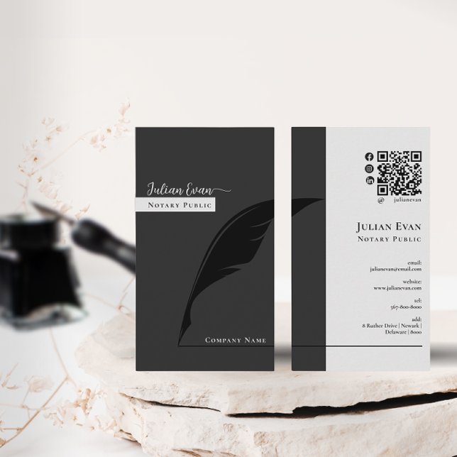 Modern Feather Pen nib Logo Black Notary Public  Business Card (Creator Uploaded)