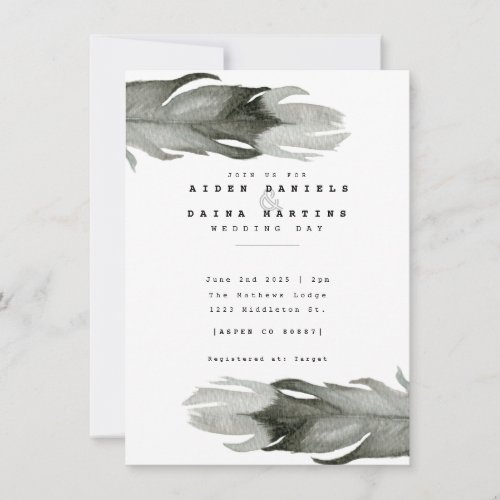 Modern Feather Watercolor Wedding Invite