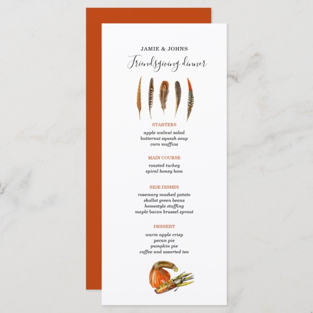 Modern Feathers Thanksgiving dinner menu (Front/Back)