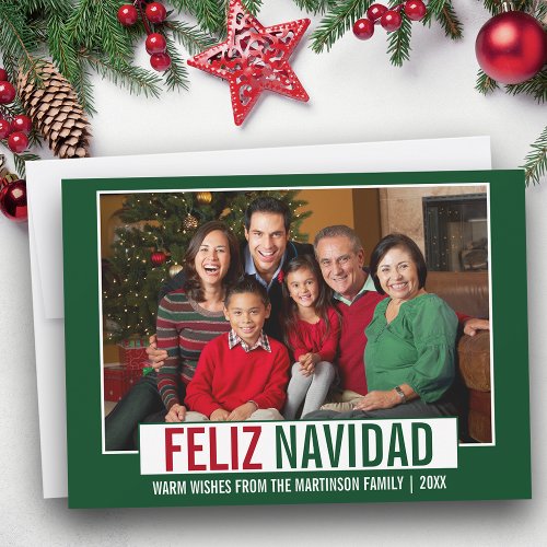 Modern Feliz Navidad Family Photo Green Holiday Card