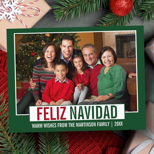 Modern Feliz Navidad Family Photo Green Postcard