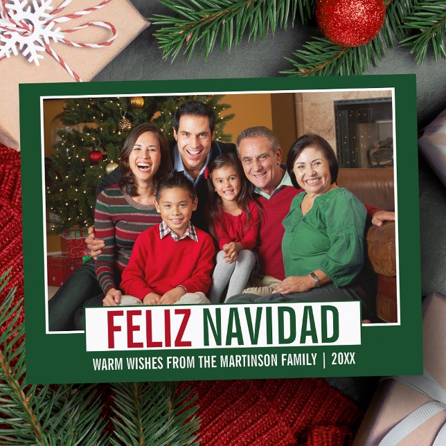 Modern Feliz Navidad Family Photo Green Postcard (Customize to change your personalized text size or text style.)