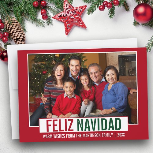 Modern Feliz Navidad Family Photo Red Holiday Card