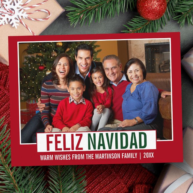 Modern Feliz Navidad Family Photo Red Postcard (Customize to change your personalized text size or text style.)