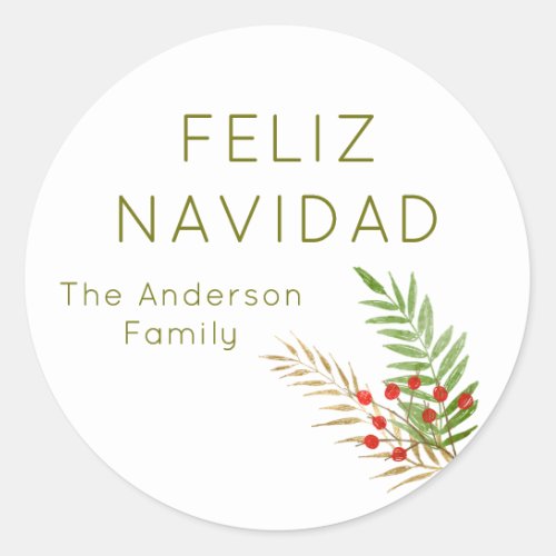 Modern Feliz Navidad Holly Spanish Christmas Classic Round Sticker