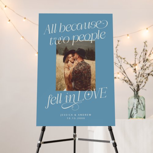 Modern Fell In Love Denim Blue Wedding Welcome  Foam Board
