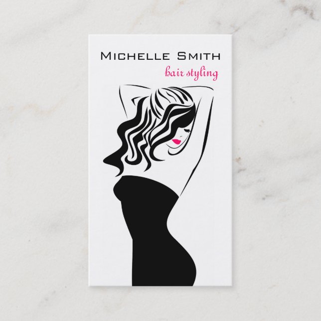 Modern feminine black and pink Trendy Hair Salon  Business Card (Front)