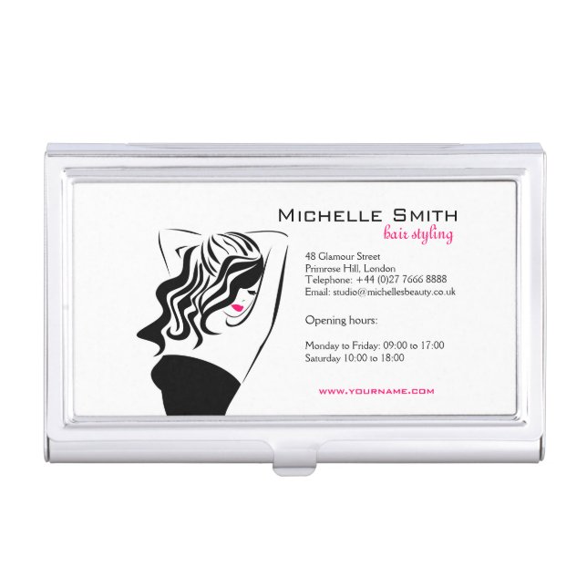 Modern feminine black and pink Trendy Hair Salon  Business Card Case (Front)
