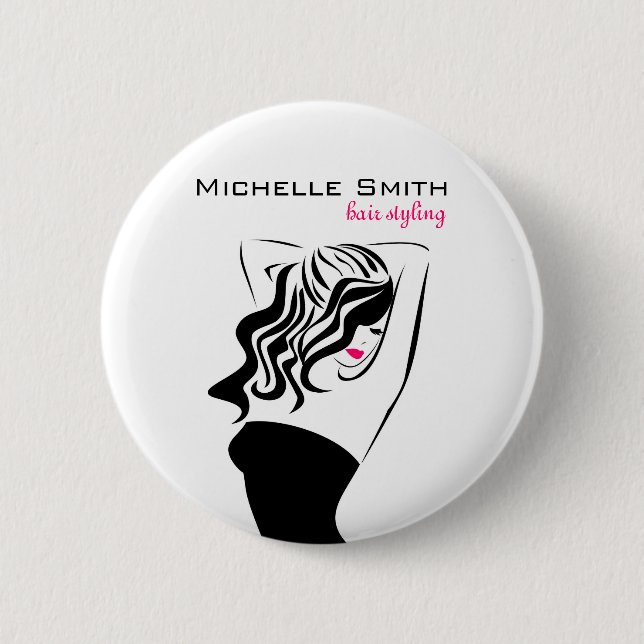 Modern feminine black and pink Trendy Hair Salon  Pinback Button (Front)