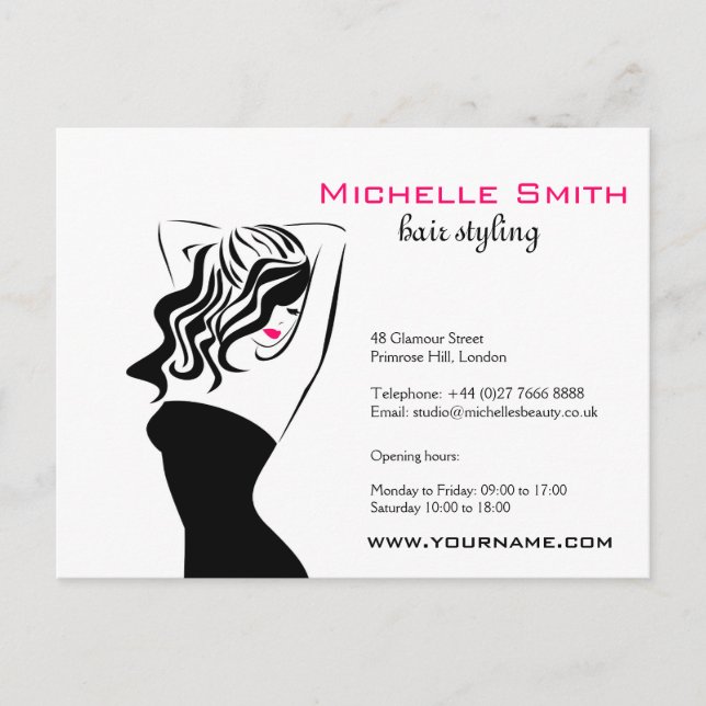Modern feminine black and pink Trendy Hair Salon  Postcard (Front)