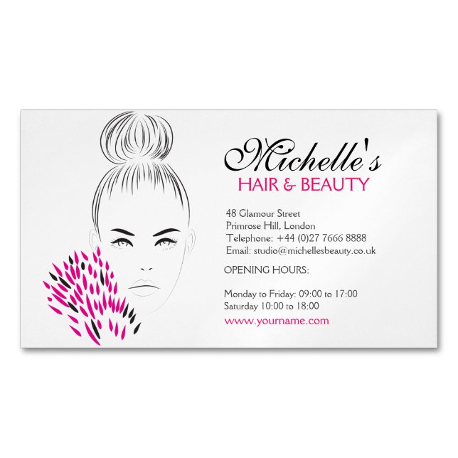 Modern feminine Black White Pink Chic Fashion Girl Magnetic Business Card (Front)