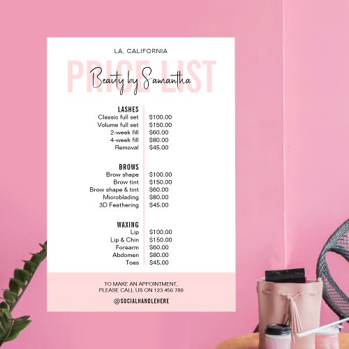 Modern Feminine Blush Pink Beauty Salon Price List Poster