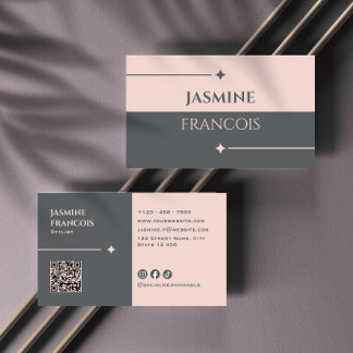Modern Feminine Blush Pink Charcoal QR Code Business Card