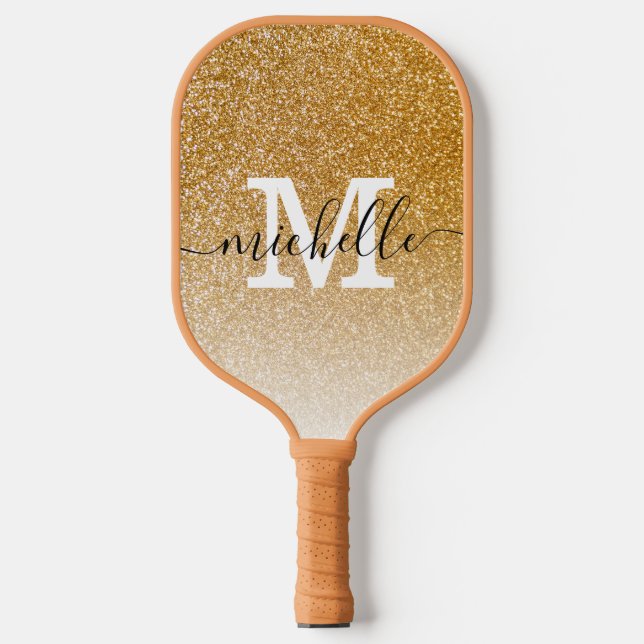 Modern Feminine Girly Gold Glitter Monogram Name  Pickleball Paddle (Front)