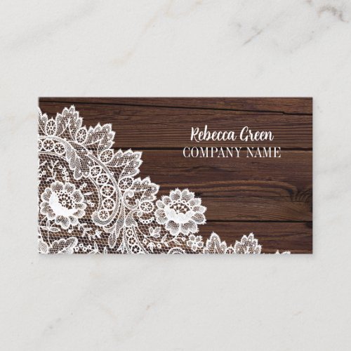 Modern Feminine Girly Rustic White Lace Woodgrain Business Card