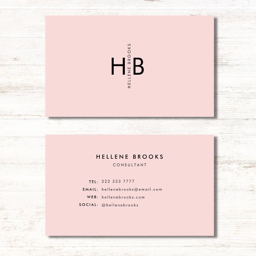 Modern Feminine Pink  Black Initial Name Monogram Business Card