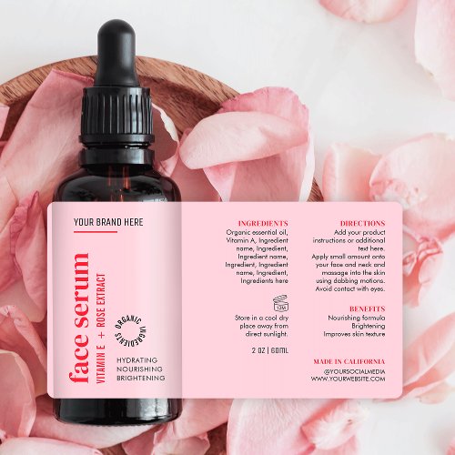 Modern Feminine Pink Face Serum Oil Dropper Bottle Label