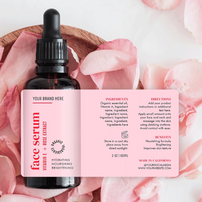 Modern Feminine Pink Face Serum Oil Dropper Bottle Label (Feminine blush pink and red cosmetic dropper bottle wrap around label design)