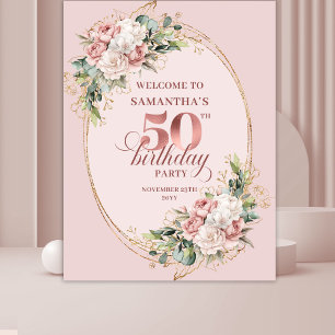 Modern Feminine Rose Gold 50th Birthday Banner Tapestry