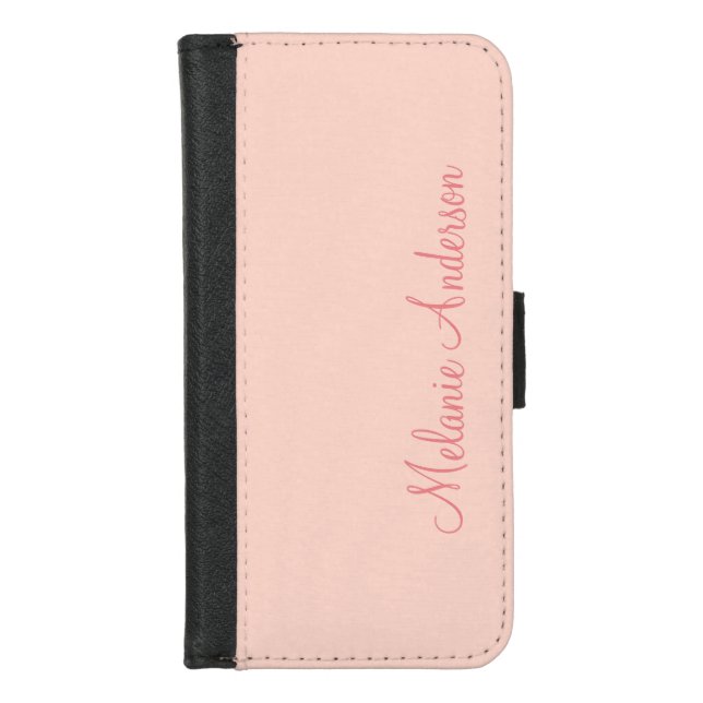 Modern Feminine Solid Soft Pink Script Custom Name iPhone Wallet Case (Front)