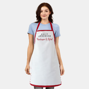 Modern Feminine White Red Border Hairdresser Apron