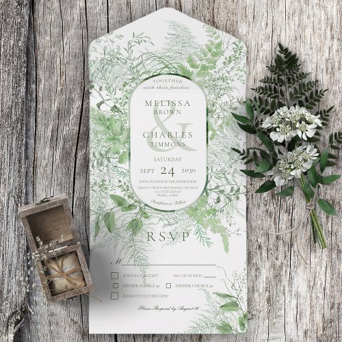 Modern Fern Green Foliage White Dinner All In One Invitation