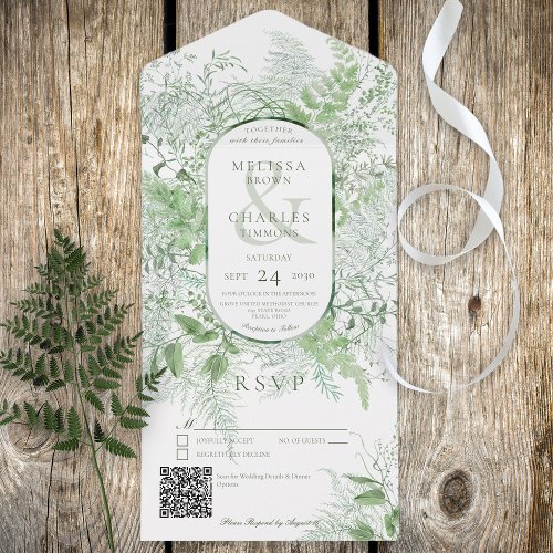 Modern Fern Green Foliage White QR Code All In One Invitation