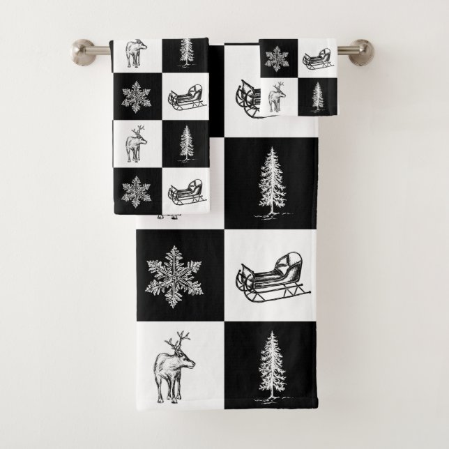 Modern Festive Black and White Christmas Bath Towel Set (Insitu)