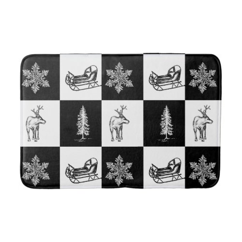Modern Festive Black and White Christmas Pattern Bath Mat