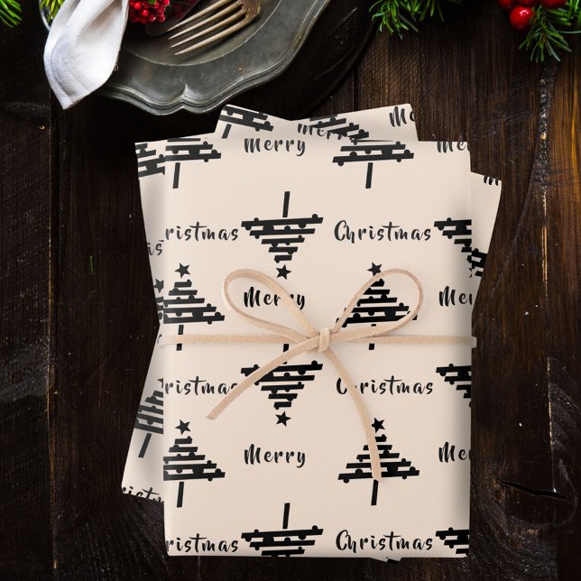 Modern Festive Black Beige Christmas Tree Holiday Wrapping Paper Sheets (Creator Uploaded)
