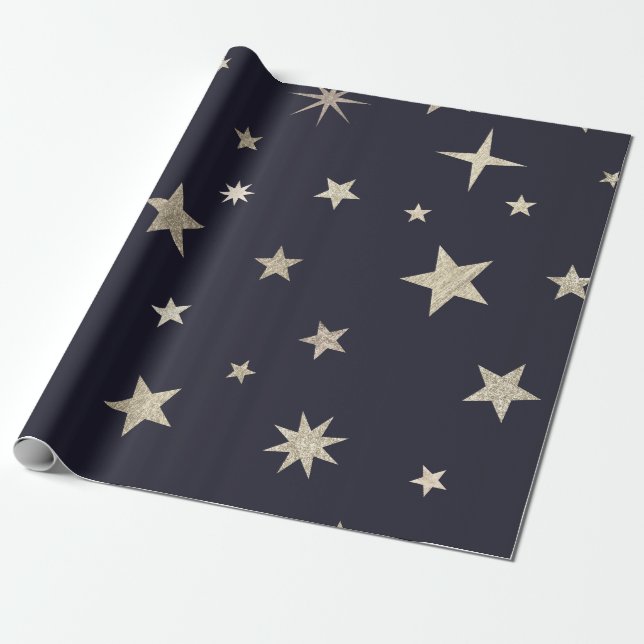 Modern Festive Black Gold Star Roll  Wrapping Paper (Unrolled)