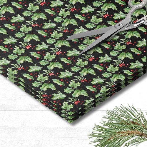 Modern Festive Black Holly Berries Christmas Tissue Paper