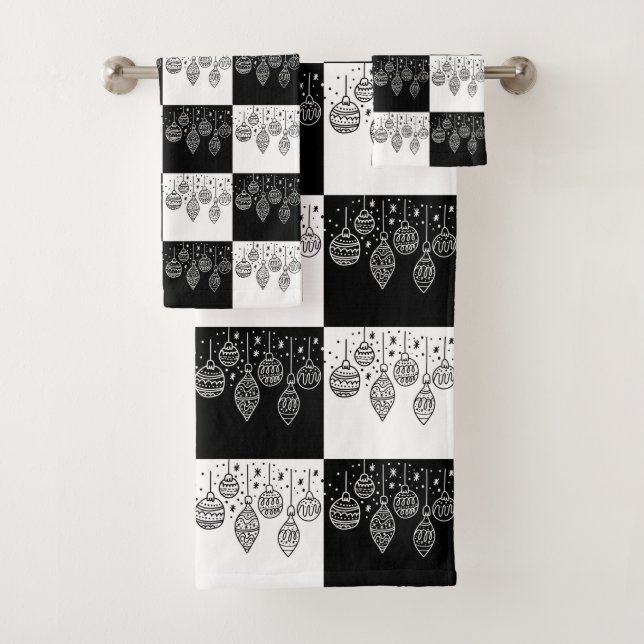 Modern Festive Black White Christmas Baubles  Bath Towel Set (Insitu)