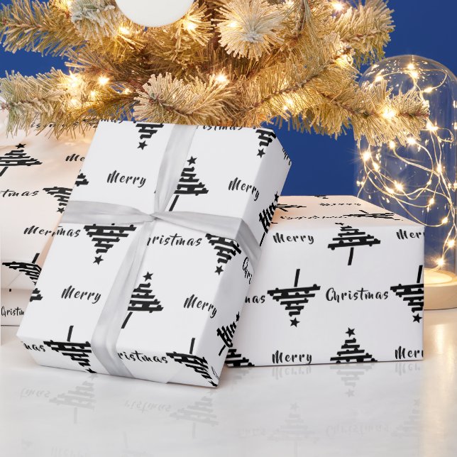 Modern Festive Black White Christmas Tree Holiday Wrapping Paper (Holidays)