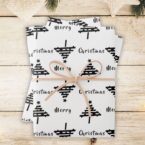 Modern Festive Black White Christmas Tree Holiday  Wrapping Paper Sheets