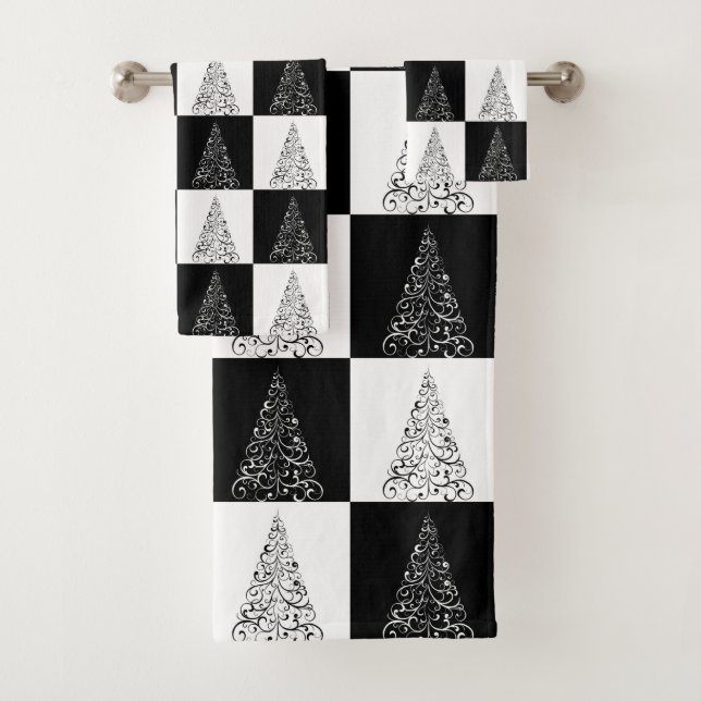 Modern Festive Black White Christmas Tree Pattern Bath Towel Set (Insitu)